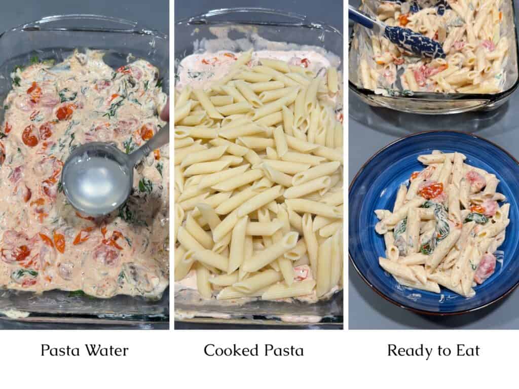 Collage of last 3 steps of Boursin pasta dish