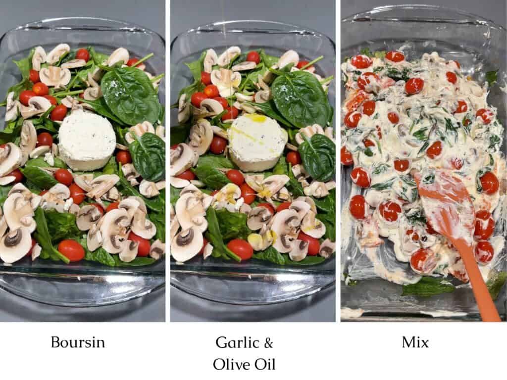 collage of 3 steps for Boursin pasta dish