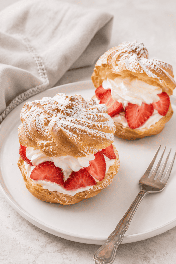 2 German windbeutel or cream puffs with strawberries and whipped cream on a plate
