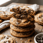 A stack of Chocolate chip cookies on a wooden table
