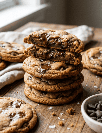 A stack of Chocolate chip cookies on a wooden table