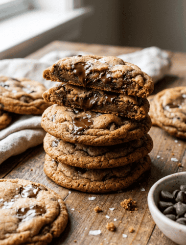 A stack of Chocolate chip cookies on a wooden table