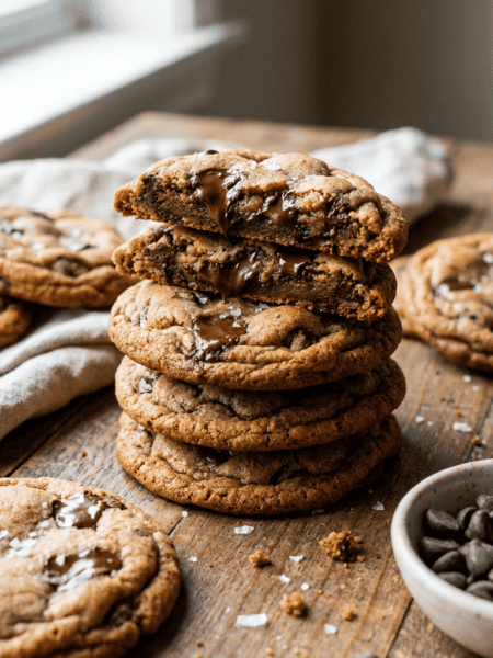 A stack of Chocolate chip cookies on a wooden table