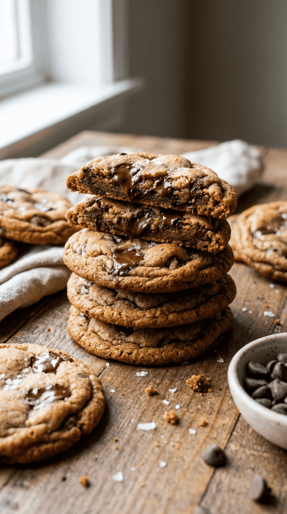A stack of Chocolate chip cookies on a wooden table