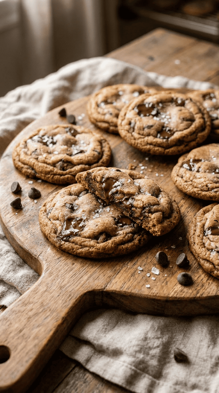brown butter chocolate chip cookies on a round wooden board