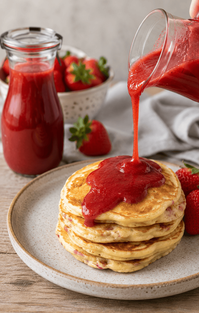 Strawberry Sauce poured over hot pancakes on a plate