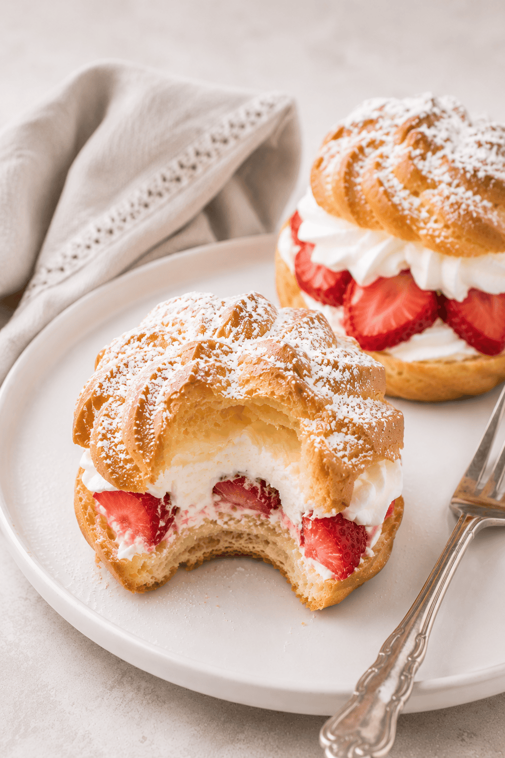 German strawberry windbeutel or cream puff with bite and missing piece