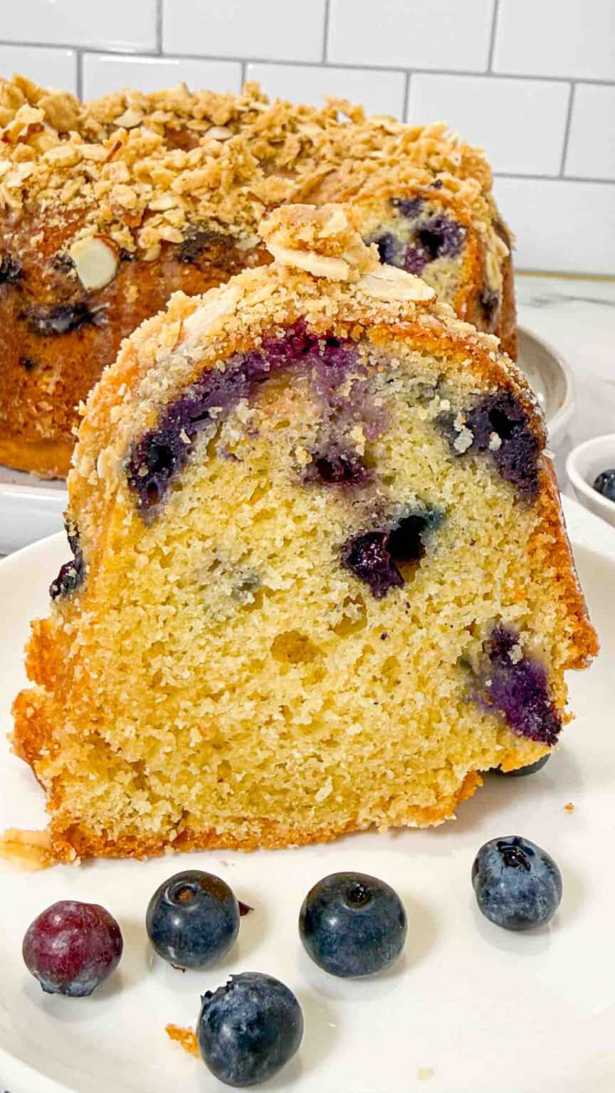 blueberry bundt cake slice up close and personal