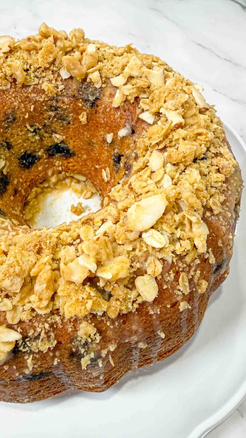 closer look at the blueberry bundt cake oat topping