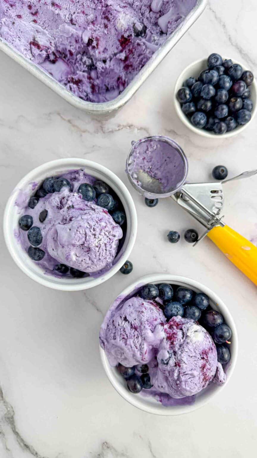 Birdseye view at Blueberry Ice cream scoop in a white bowl surrounded by fresh blueberries
