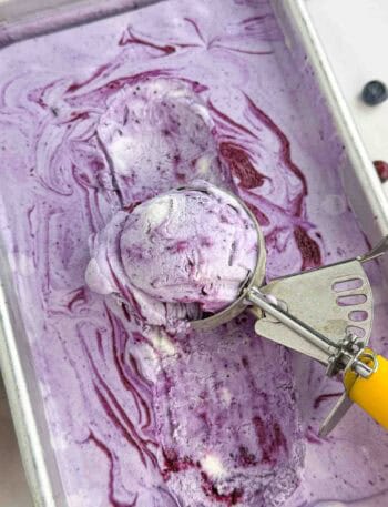 ice cream scoop in blueberry ice cream pan