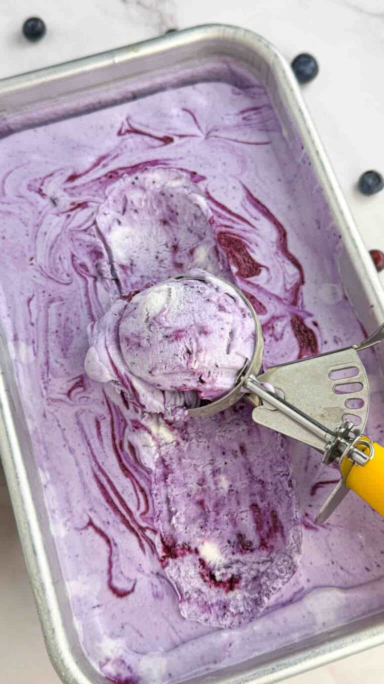 ice cream scoop in blueberry ice cream pan