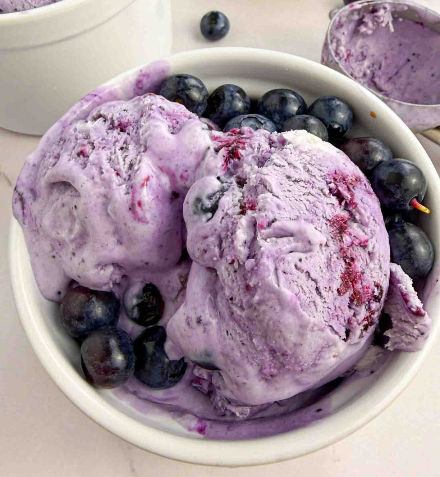 white bowl loaded with fresh blueberries and blueberry ice cream