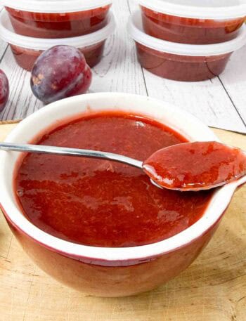 Freshly made Plum Freezer Jam in a bowl