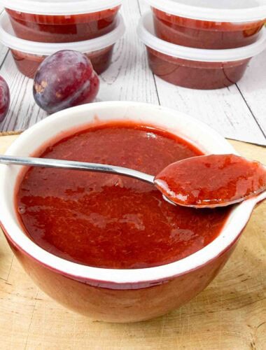 Freshly made Plum Freezer Jam in a bowl