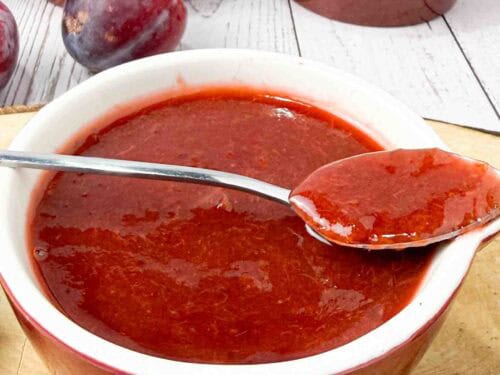 Freshly made Plum Freezer Jam in a bowl