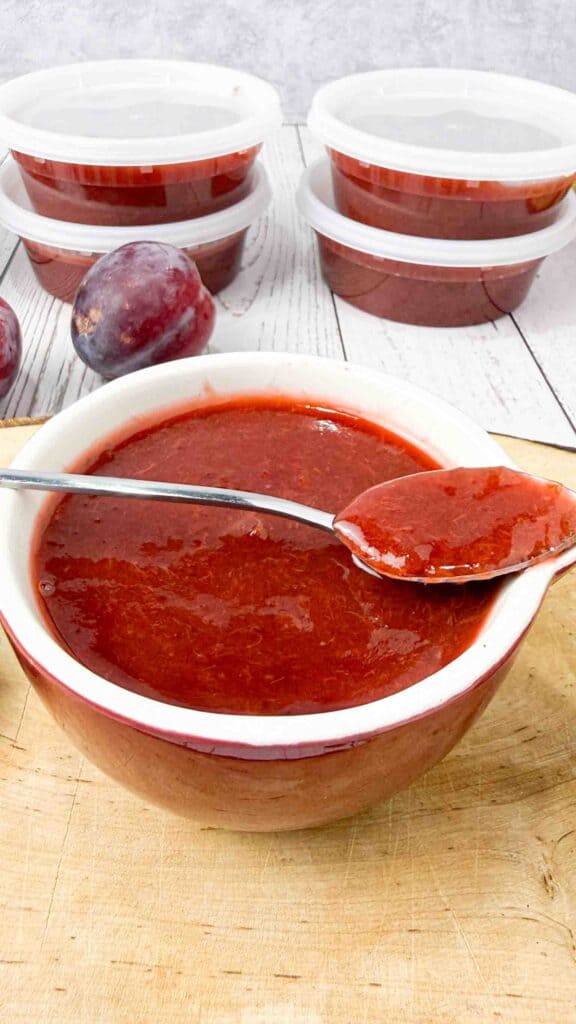 Freshly made Plum Freezer Jam in a bowl
