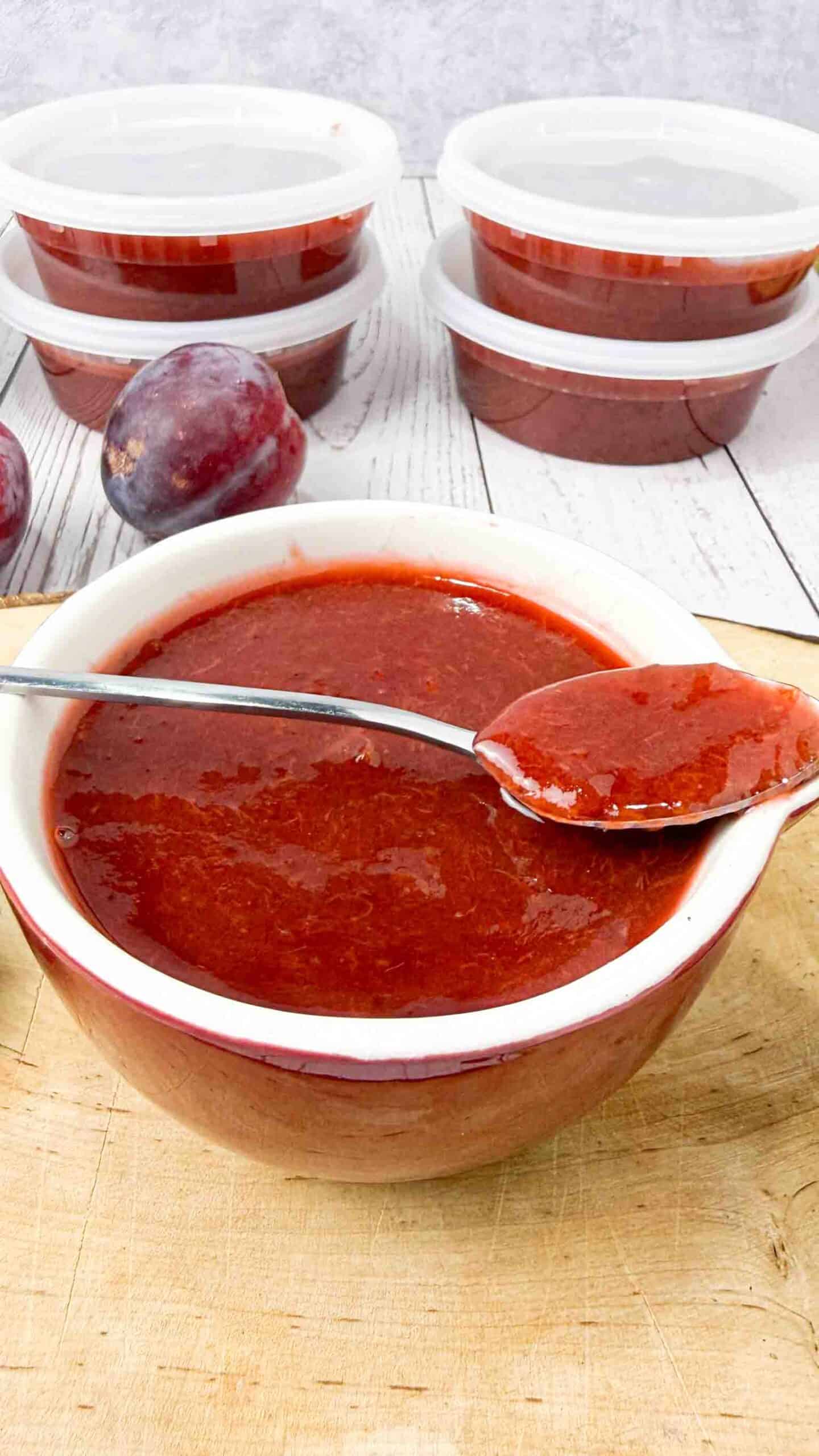 Freshly made Plum Freezer Jam in a bowl