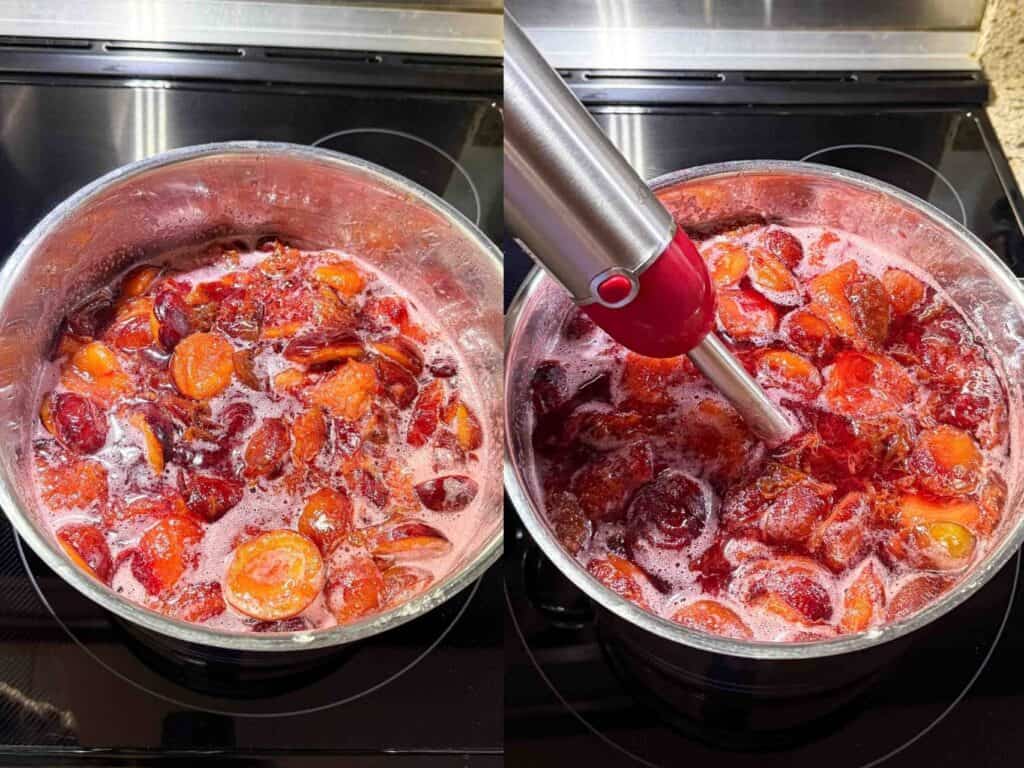 Side by side plums simmering and blending with immersion blender