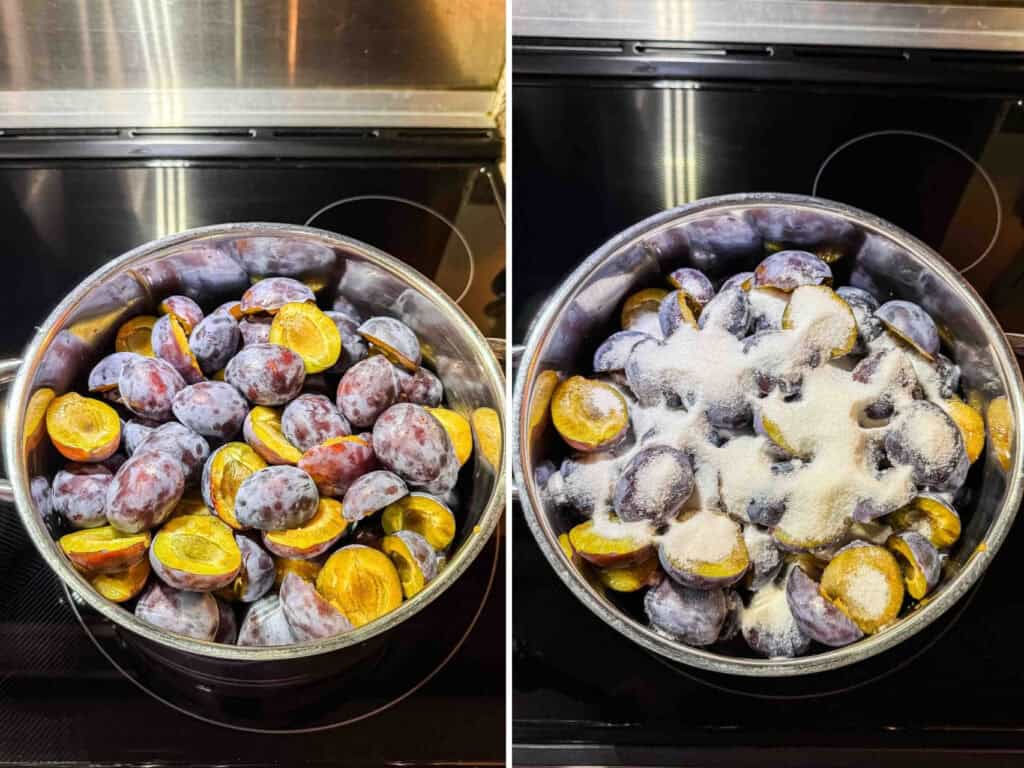 Side-by-side cut plums macerating in sugar