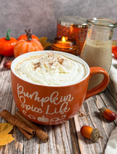 mug with hot coffee and pumpkin spice creamer
