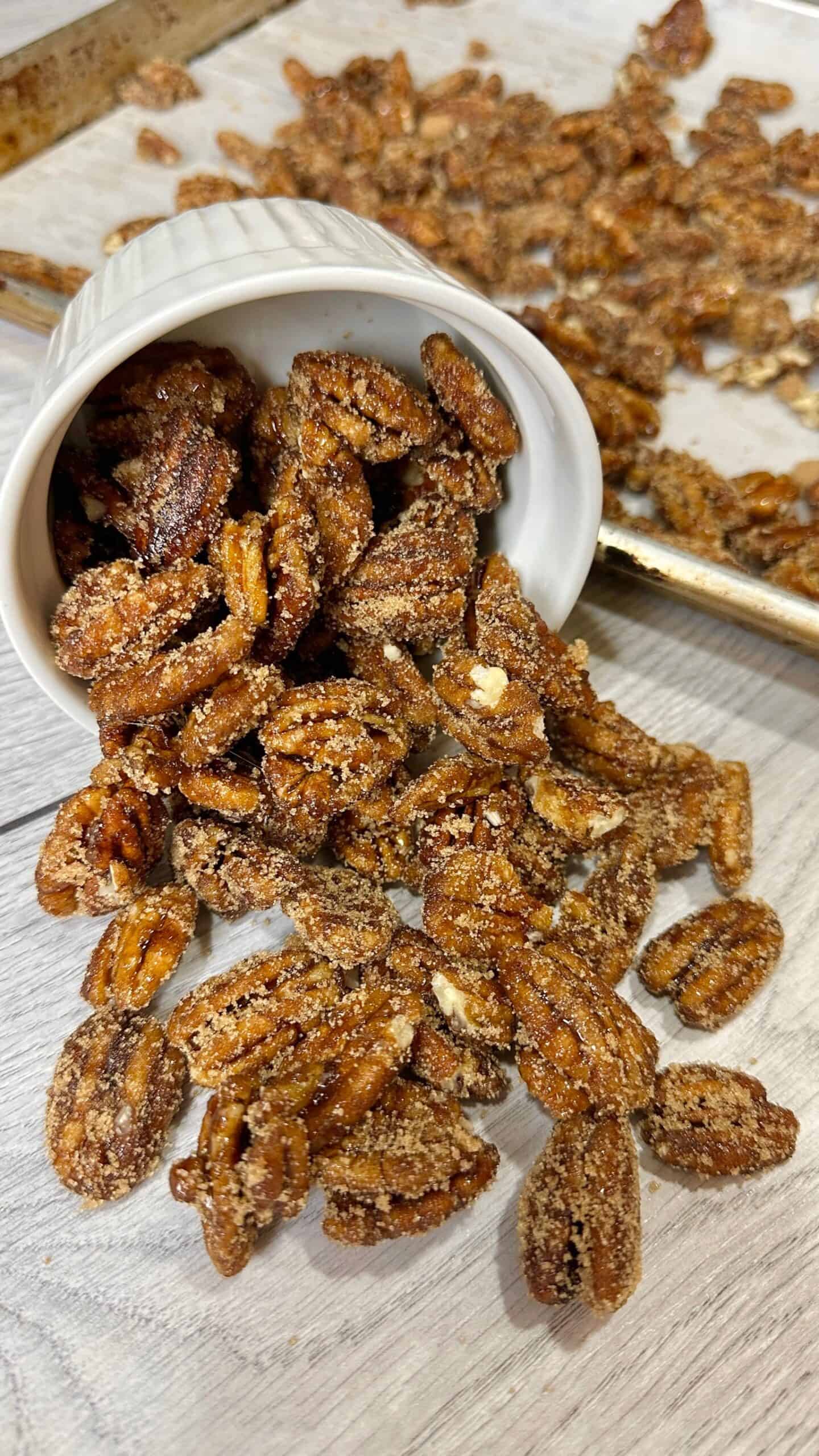 Bourbon Candied Pecans poured out on the counter and ready to eat