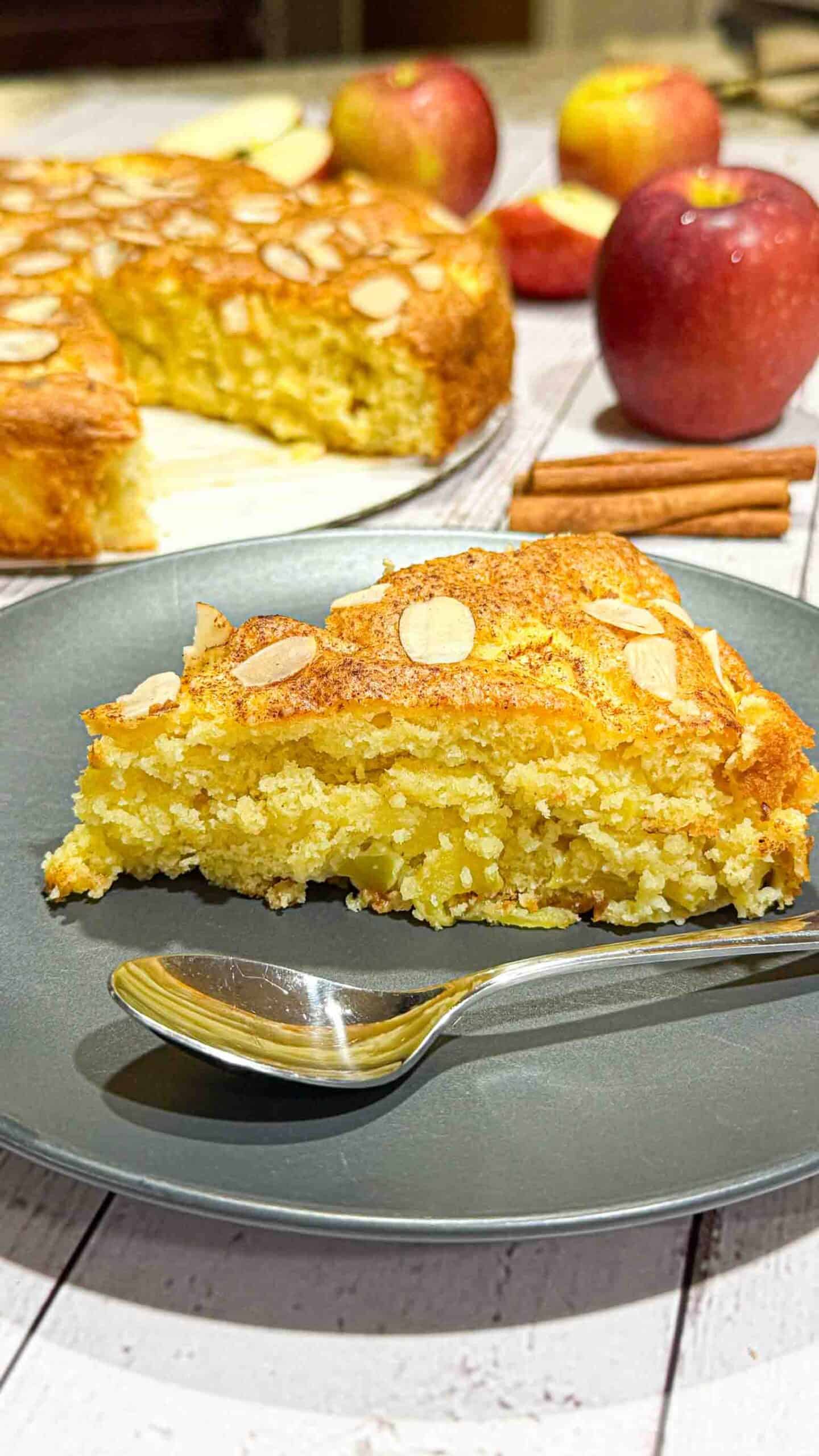 Apple cake slice topped with almond slices on a black plate