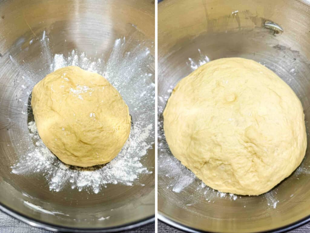 dough in mixing bowl before and after proofing