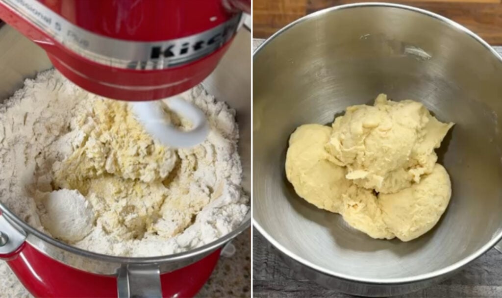 dough being mixed in the stand mixer
