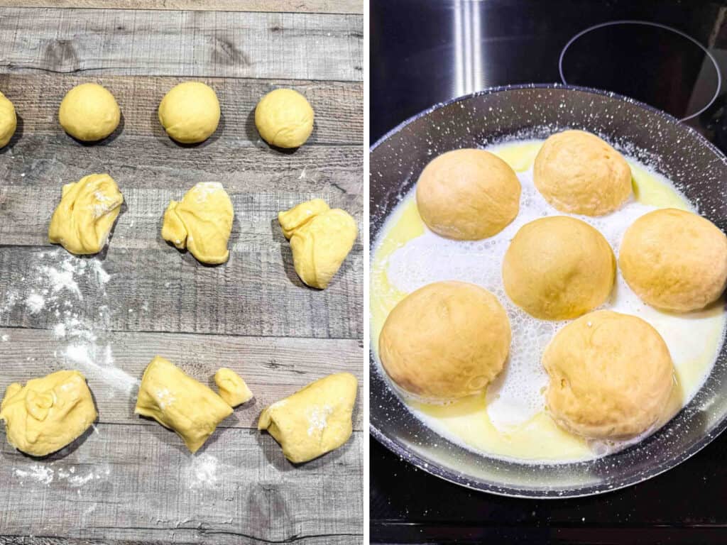 forming dough into balls and steaming them in butter sugar milk mix