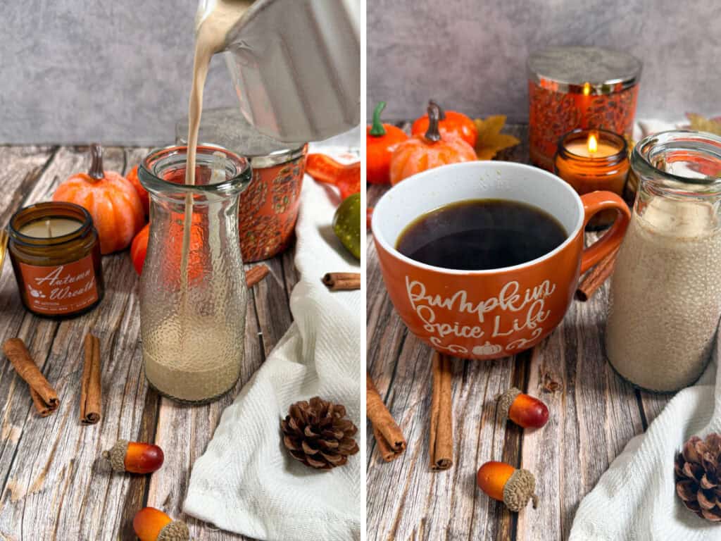 pouring finished pumpkin spice creamer into hot coffee